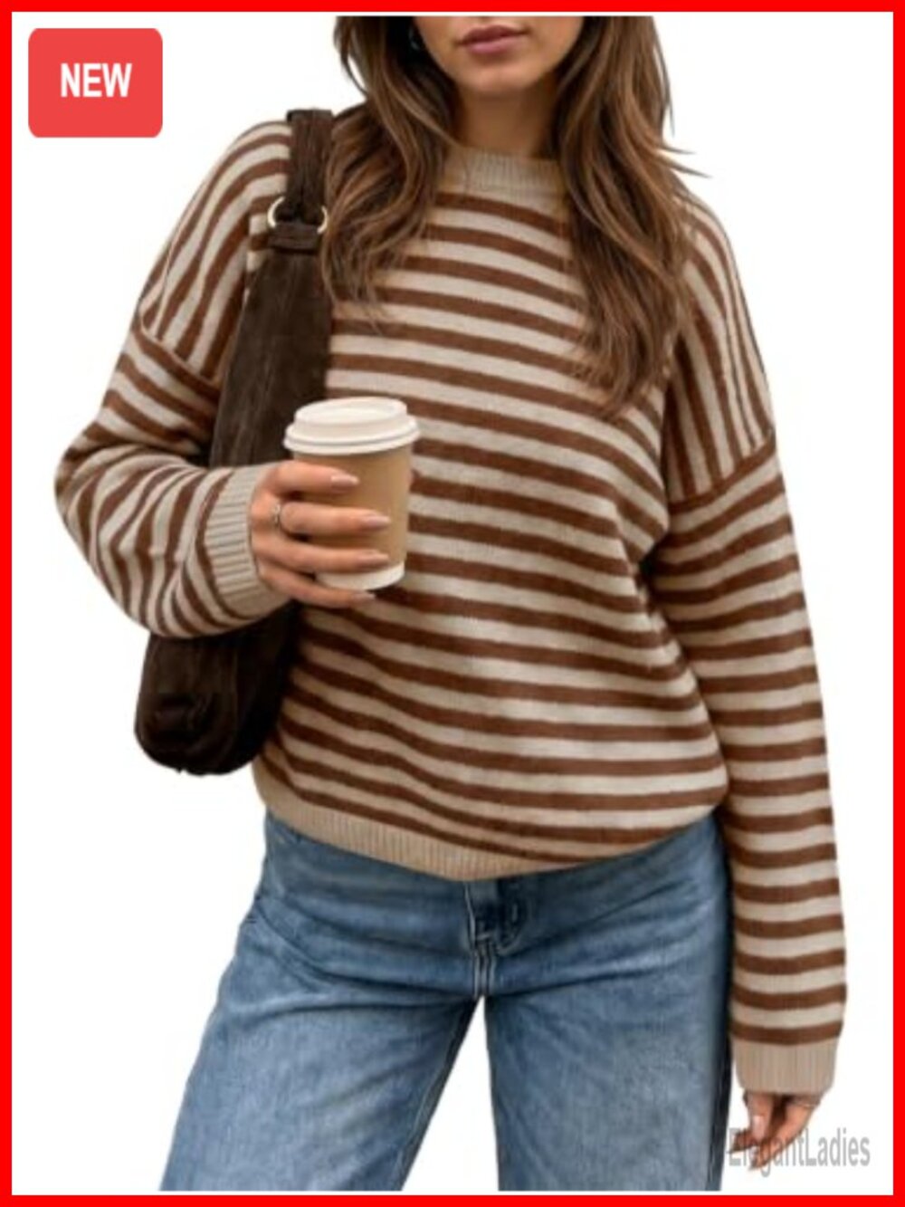 Womens Striped Oversized Crew Neck Pullover Sweater Soft Knit